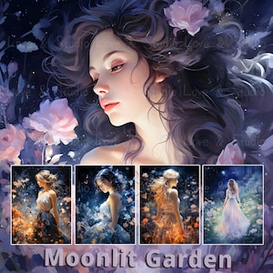 25 Chica acuarela en un papel digital de jardín iluminado por la luna, fondo imprimible de flores nocturnas, arte de retrato de mujer floral, uso comercial
