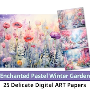 25 Papel digital Enchanted Pastel Winter Garden, acuarela de flores de sombra pastel suave. Papel del arte. Precioso elemento de fantasía. Uso comercial