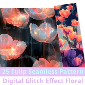 Peut inclure: 25 motifs numériques sans couture avec un effet de glitch et des tulipes colorées dans des tons de rose, orange, bleu et violet.