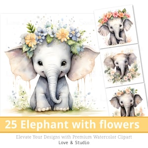 25 małych słoniątek z wiankiem z kwiatów Clipart, akwarelowe, uśmiechnięte zwierzę safari, sublimacja kwiatowa, do użytku komercyjnego, NATYCHMIASTOWE pobranie.