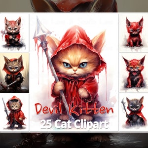 25 duivel kat clipart. Grillige kittenprint. Uitnodiging voor aquarel Halloween feest. Kattenliefhebbers cadeau. Fantasie ambachtelijk papier. Commercieel gebruik