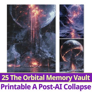 May include: A digital art print set featuring a futuristic cityscape with a large planet and fiery elements. The artwork includes the text "25 The Orbital Memory Vault Printable A Post-AI Collapse."