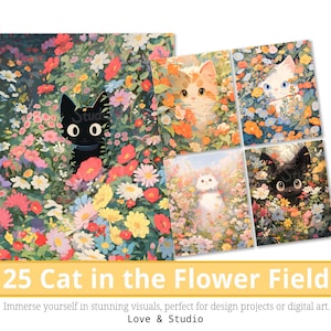 25 clipart de gato no campo de flores, papel digital floral pastel, ilustração de animal fofo para crianças, artesanato digital, uso comercial