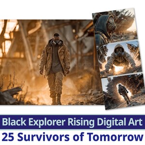 May include: Digital art print featuring a person in a post-apocalyptic setting, wearing a gas mask and military-style clothing. The image is in warm tones, with dust particles in the air. The text at the bottom reads "Black Explorer Rising Digital Art" and "25 Survivors of Tomorrow."