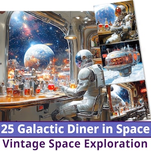 25 Galactic Diner in Space digitaal papier, vintage ruimteverkenning clipart, afdrukbaar retro ruimtevaartuig, de astronaut, commercieel gebruik