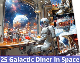 25 Galactic Diner in Space Digital Paper, Vintage Space Exploration Clipart, Printable Retro Spacecraft, The Astronaut, Commercial use