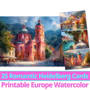 25 Heidelberg, Alemanha, Papel Digital para Postais, Clipart de Marcos em Aquarela, Pacote de Cartões Românticos de Cidades Europeias para Imprimir, Uso Comercial