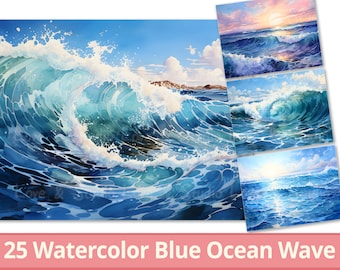 Könnte beinhalten: 25 Aquarell-Blaue Ozeanwellen - Einzigartige & Außergewöhnliche Digitale Papiere. Ein Set digitaler Papiere mit Aquarell-Illustrationen von blauen Ozeanwellen mit weißen Schaumkronen. Die Papiere sind perfekt zum Erstellen von Hintergründen, zum Scrapbooking und für andere kreative Projekte.