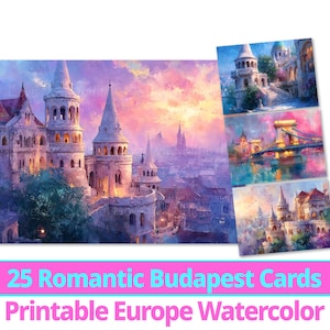 25 Budapeszt, Węgry Pocztówka Cyfrowy Papier, Akwarelowy Punkt Orientacyjny Clipart, Wydrukowane Romantyczne Europejskie Karty Miejskie Pakiet, Użytek Komercyjny