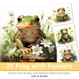 25 Bébé grenouille avec fleur Clipart, Aquarelle Happy Safari Animal, Sublimation florale, Fabrication d’une carte, Journal, Papier peint, Utilisation commerciale