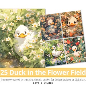 25 Duck in the Flower Field Clipart, Pastel Floral Digital Paper, Cute Animal Illustration For Kids, Digital Crafting, Commercial Use