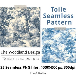 25 The Woodland Toile Seamless Pattern, Landschaftsszenen Digital Papier. Chinesische Blauer Keramik Hintergrund. Toile de Jouy, Kommerzielle Nutzung
