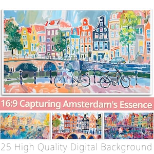 Op de afbeelding: Een digitale schildering van een kanaalscène in Amsterdam, Nederland. De schildering toont kleurrijke gebouwen, een brug en fietsen. De tekst "16:9 Capturing Amsterdam's Essence" en "25 High Quality Digital Background" staat onderaan de afbeelding.