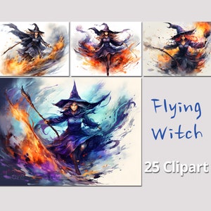 25 Flying Witch Clipart, Printable Halloween Wall Art, Watercolor Spooky Collage Digital Paper. Digital Craft. Commercial Use