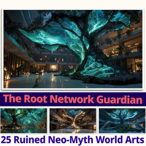 May include: An artistic rendering of a large tree with glowing blue veins and branches, set in a modern building. The image is titled "The Root Network Guardian" and includes the text "25 Ruined Neo-Myth World Arts".