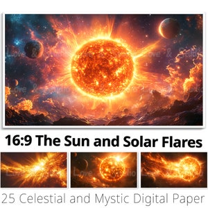16:9 digitaal papier over de zon en zonnevlammen. 25 afdrukbare hemelse, mystieke achtergrond. Samsung Frame TV Art. YouTube-overlay. Commercieel gebruik