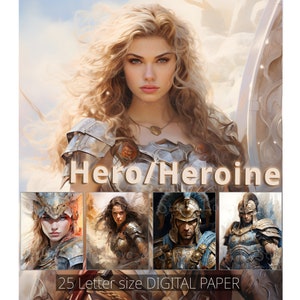 25 Digitales Papier für Helden/Helden, Fantasy-Hintergrund zum Ausdrucken, magischer Charakter-Hintergrund, Portrait-Kunstwerk von Kreaturen, kommerzielle Nutzung