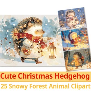 25 cliparts hérisson de Noël mignon, papier numérique ami de la forêt enneigée, magie de l'hiver des bois pour enfant, lot d'artisanat de vacances, usage commercial