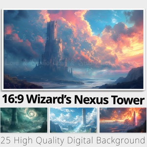 May include: A digital illustration of a tall, stone tower with a pointed roof, set against a dramatic sky with pink, orange, and blue clouds. The tower is surrounded by water and a rocky shoreline. The image is titled "16:9 Wizard's Nexus Tower" and includes the text "25 High Quality Digital Background".