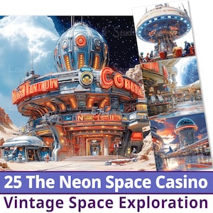 25 The Neon Space Kasino Digitales Papier, Vintage Weltraumforschung Clipart, druckbares Retro Raumschiff, der Astronaut, kommerzielle Nutzung