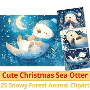 25 lindas imágenes prediseñadas de nutria marina navideña, papel digital de amigo del bosque nevado, magia invernal del bosque para niños, paquete de manualidades navideñas, uso comercial