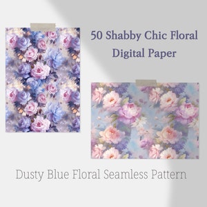 50 Shabby Chic Floral Seamless Pattern, Dusty Blue Digital Paper, Flower Oil Painting. Craft supplies. Scrapbooking. Card Making.
