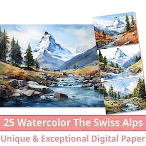 25 Matterhorn, Suiza Papel Digital, Acuarela Los Alpes Suizos Clipart, Sublimación, Uso Comercial, Descarga INSTANTÁNEA.