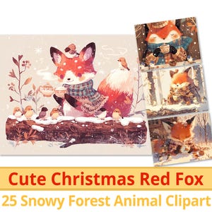 25 lindos zorros rojos navideños, papel digital de amigos del bosque nevado, magia invernal del bosque para niños, paquete de manualidades navideñas, uso comercial