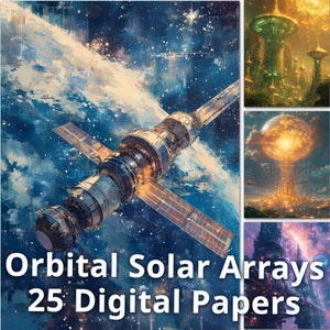 May include: A digital paper pack featuring 25 space-themed designs. The pack includes images of a space station, a futuristic city, and a solar array. The images are rendered in a watercolor style and have a vibrant color palette.