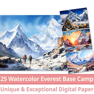 25 View Everest Base Camp Digital Paper, Watercolor Landscape Clipart, Mountain Scene, Making a Card, Journal, Wallpaper, Commercial Use,