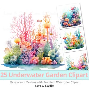 25 Underwater Garden Clipart, Ocean Plants, Seaware, Starfish Watercolor Printable Digital Paper. White Background JPG file, Commercial use