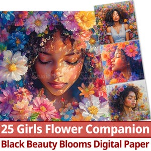Papel digital de 25 chicas acompañantes de flores, clipart de Black Beauty Bloom, majestuosa flor afroamericana imprimible, The Vibrant Flower, uso comercial