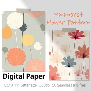 50 Minimalist Flower Seamless Pattern, Simple Shapes Floral  Digital Paper. For Craft supplies, Scrapbooking, Journal, and Card Making.