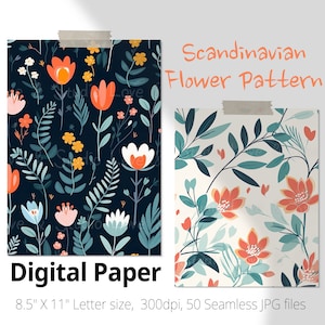 50 Scandinavian Floral Seamless Pattern, Minimalist Nordic Digital Paper. Letter Size. Craft supply, Scrapbook, Journaling, Card Making.