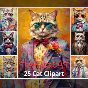 25 The Boss Cat Clipart, A Fashionista Cat with Sunglasses Printable Art. Digital Oil Painting, High-Quality JPG File, Commercial Use
