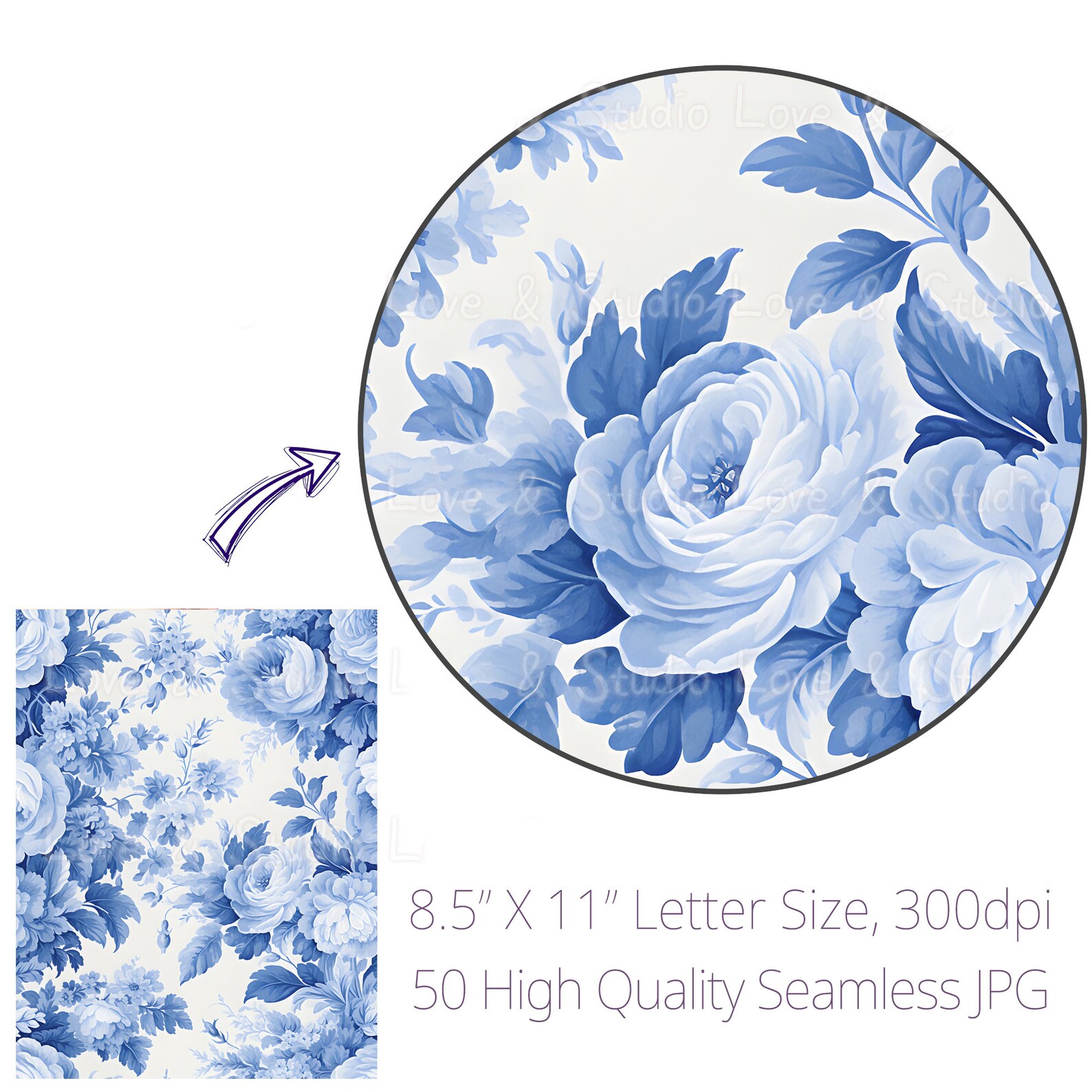 50 Seamless Rose and Peony Toile Pattern, Asian Wallpaper. Chinese Blue ...