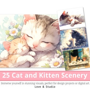 25 Cat and Kitten Scenery Digital Paper, Whimsical Feline Clipart, Printable Kitten Watercolor, Gift For Cat Lover. PNG File, Commercial use