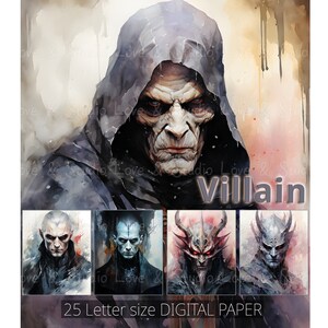 25 Papel digital villano de acuarela, fondo de fantasía imprimible, telón de fondo de personajes mágicos, ilustraciones de retratos de criaturas, uso comercial