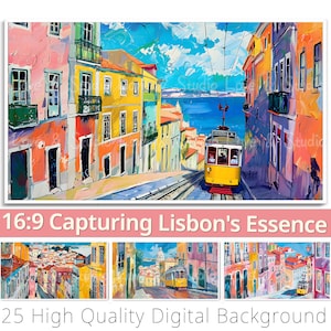 16:9 Capturando o cenário digital de Lisboa. 25 Samsung Frame TV Art, sobreposição do YouTube. Papel de parede de referência. Clipart da cidade velha. Uso comercial