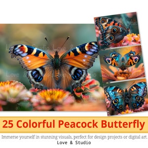 25 carta digitale con ritratto di farfalla pavone colorato, clipart realistica stampabile di lepidotteri, PNG di alta qualità, uso commerciale