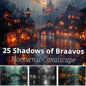 25 schaduwen van Braavos digitaal papier, afdrukbare fantasieachtergrond, nachtelijk grachtenlandschap. Een kaart maken, een dagboek bijhouden, behang