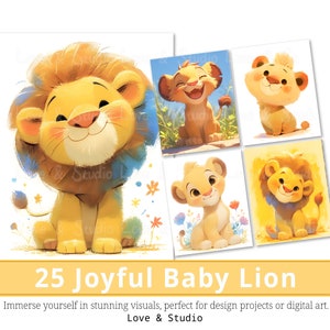 25 Papel digital alegre bebé león. Imágenes Prediseñadas de animales de Safari feliz. Decoración de guardería imprimible, Wallart de la habitación del niño, Hacer una tarjeta, Uso comercial
