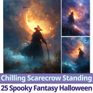 Papel digital imprimible de 25 "Un espantapájaros escalofriante de pie". Fantasía oscura. Decoración de Halloween. Fondo de criatura mística gótica. Uso comercial.