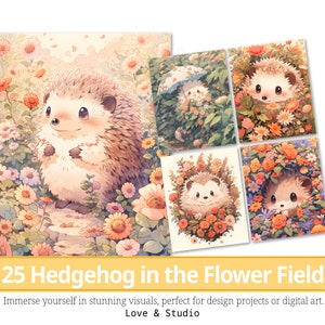 25 Clipart hérisson dans le champ de fleurs, papier numérique floral pastel, illustration animal mignon pour les enfants, création numérique, usage commercial