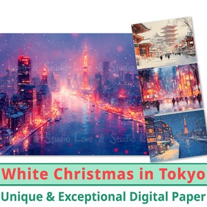 25 Weiße Weihnachten in Tokio, Digitales Papier, Schneefall Stadtbild, festlicher Winter Hintergrund, Weihnachtskollektion Geschenkkarte, kommerzielle Nutzung