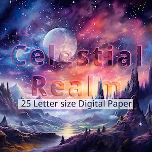 25 Celestial Realm Digital Paper, Printable Watercolor Magical Fairy Tale Background. Cosmic Wonder, Mystery Backdrop. Fantasy Digital Craft