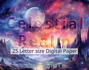 25 Celestial Realm Digital Paper, Printable Watercolor Magical Fairy Tale Background. Cosmic Wonder, Mystery Backdrop. Fantasy Digital Craft