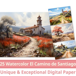 25 Wyświetl El Camino de Santiago Papier cyfrowy, Akwarela Krajobraz Clipart, Tworzenie karty, Dziennik, Tapeta, Użytek komercyjny,