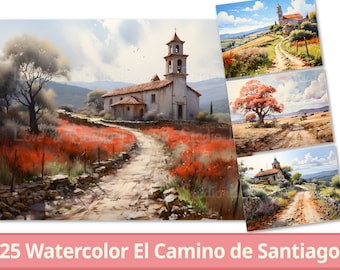 25 View El Camino de Santiago Digital Paper, Watercolor Landscape Clipart, Making a Card, Journal, Wallpaper, Commercial Use,