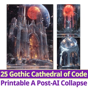 May include: Digital art print depicting a gothic cathedral under a red planet and a blue planet. The image is a composite of several scenes. The text at the bottom reads "25 Gothic Cathedral of Code Printable A Post-AI Collapse."